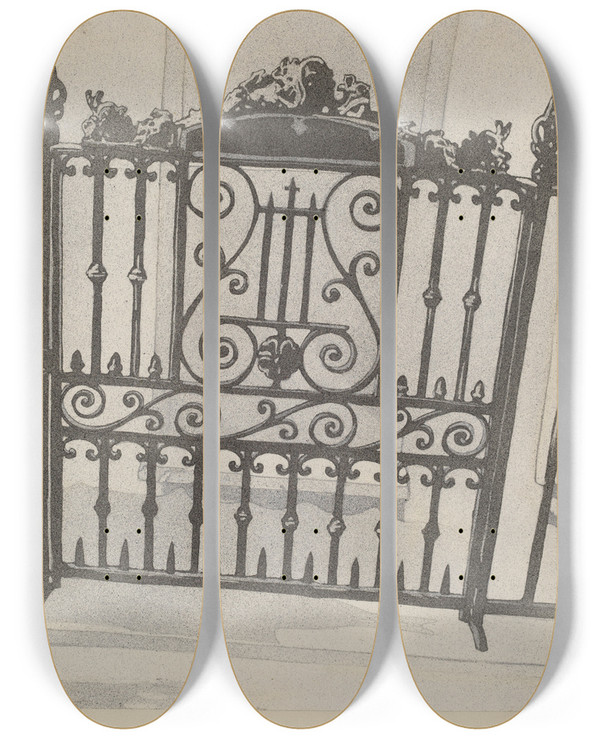 Triptych art skateboard deck of Arelia Arbo Cast And Wrought Iron Gate by Arelia Arbo