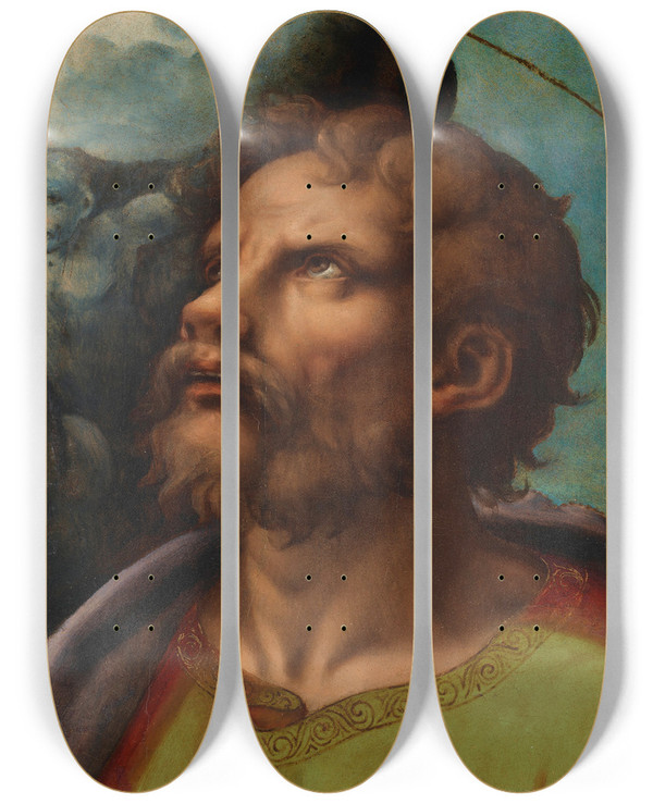 Triptych art skateboard deck of Giulio Romano Head Of A Saint by Giulio Romano (1492-1546)