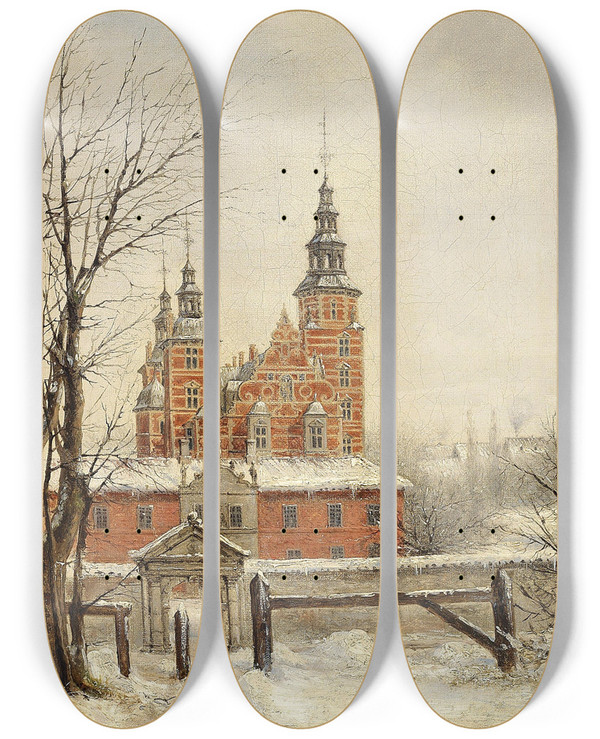 Triptych art skateboard deck of Carl Frederik Aagaard Rosenborg Ved Vintertide by Carl Frederik Aagaard (1833-1895)