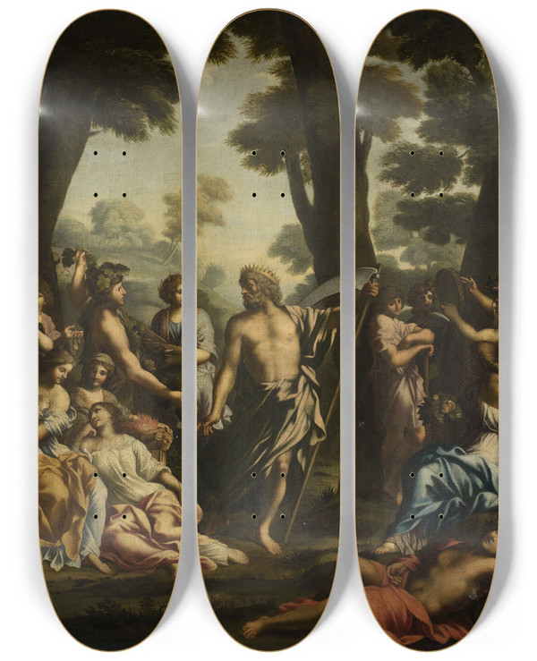 Triptych art skateboard deck of Giovanni Francesco Romanelli Saturn And Muses by Giovanni Francesco Romanelli (1610-1662)