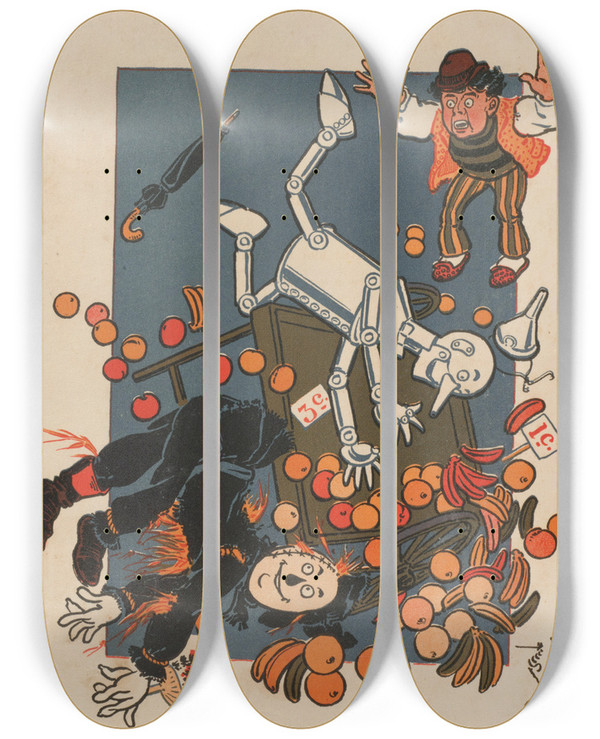Triptych art skateboard deck of William Wallace Denslow Denslows Scarecrow And The Tinman Pl1 by William Wallace Denslow (1856-1915)