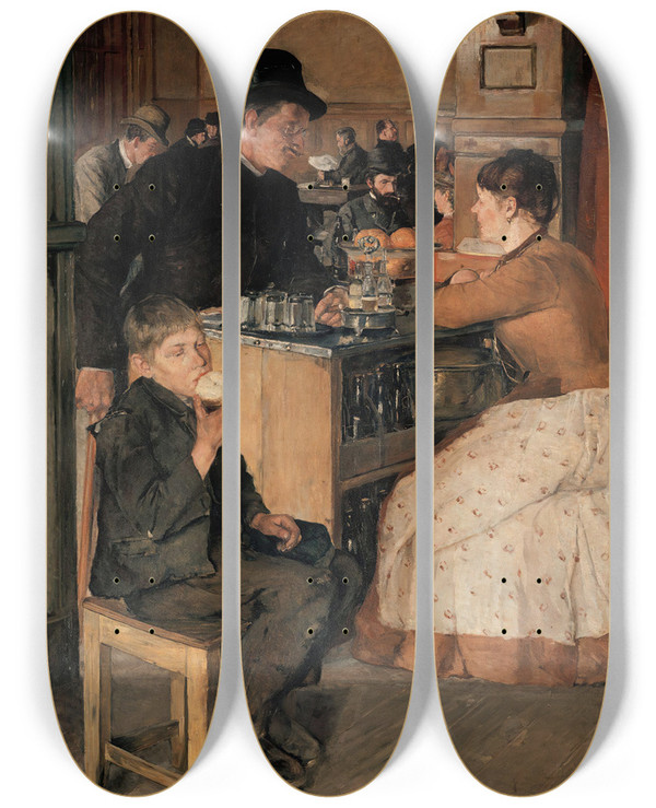 Triptych art skateboard deck of Halfdan Strm From The Restaurant In The Labour Society In Torvgaten by Halfdan Strom (1863-1949)