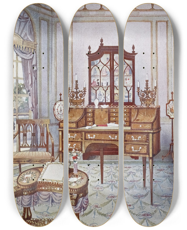 Triptych art skateboard deck of Edwin Foley Inlaid Mahogany Cylinderfall China And Book Case Dshaped Satinwood Drawing And Writing Table by Edwin Foley (1859-1912)