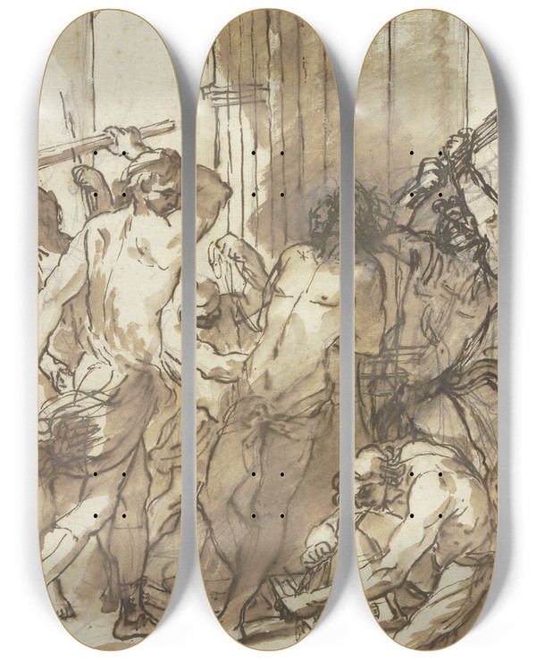Triptych art skateboard deck of Marco Benefial Flagellation Of Christ by Marco Benefial (1684-1764)