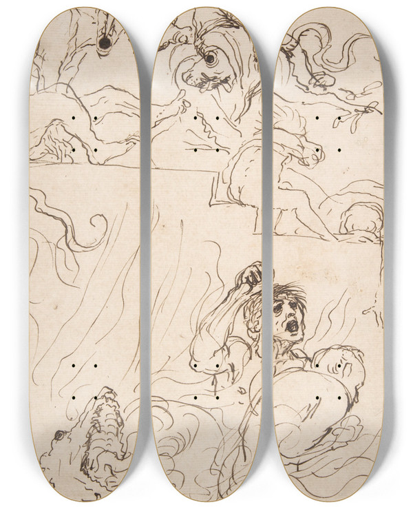 Triptych art skateboard deck of Guercino A Diablerie by Guercino (1591-1666)