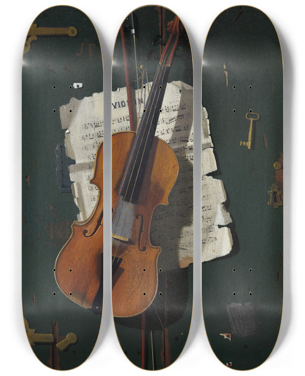 Triptych art skateboard deck of John Frederick Peto The Old Violin by John Frederick Peto (1854-1907)