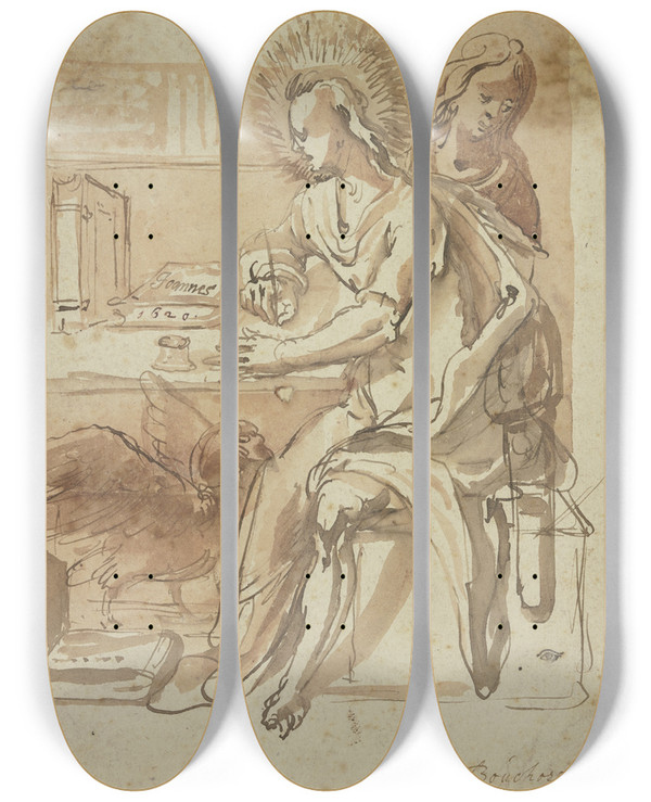 Triptych art skateboard deck of Jan Gerritsz Van Bronckhorst John The Evangelist by Jan Gerritsz Van Bronckhorst (1603-1661)