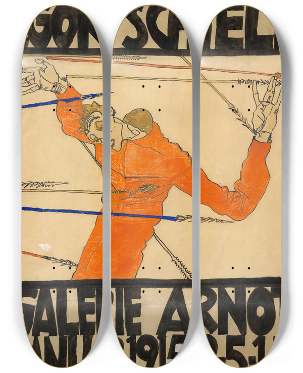 Triptych art skateboard deck of Egon Schiele Plakat Der Schieleausstellung In Der Galerie Arnot by Egon Schiele (1890-1918)