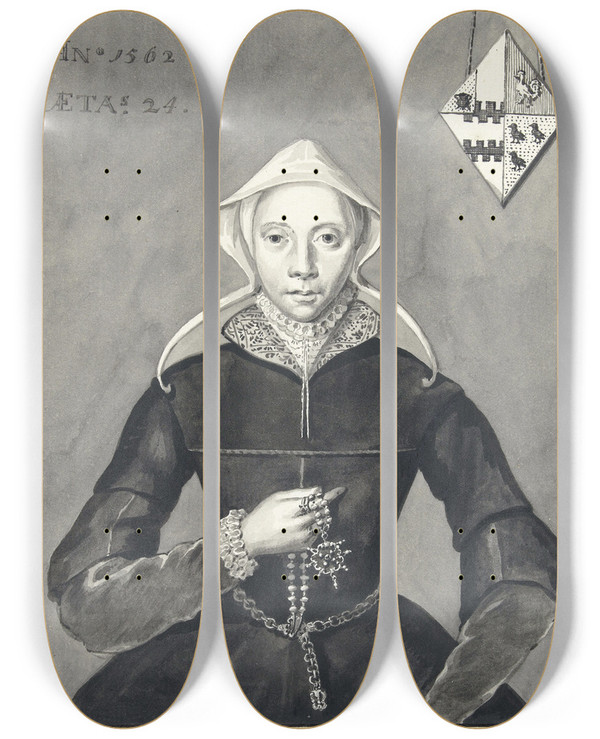 Triptych art skateboard deck of Aert Schouman Portret Van Een Vrouw Met Het Wapen Van Slingelandtbrouwer by Aert Schouman (1710-1792)