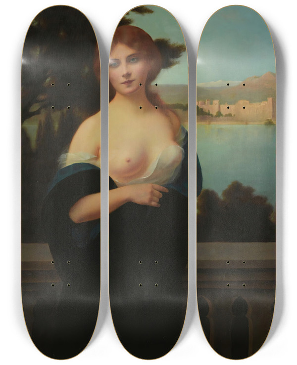Triptych art skateboard deck of Henri Rondel Young Woman In A Landscape by Henri Rondel (1857-1919)