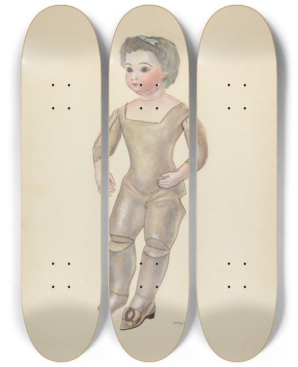 Triptych art skateboard deck of Dorothy Harris Doll With Bisque Head by Dorothy Harris