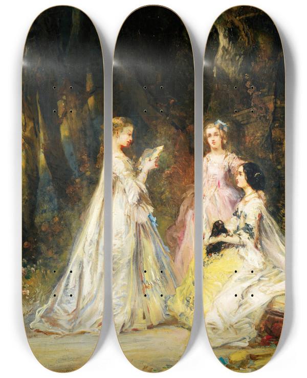 Triptych art skateboard deck of Eugne Isabey Reading In The Park by Eugene Isabey (1803-1886)