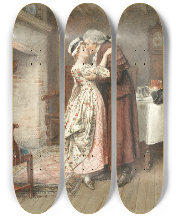 Triptych art skateboard deck of George Goodwin Kilburne Fathers Return by George Goodwin Kilburne