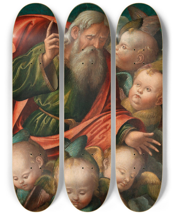 Triptych art skateboard deck of Baldassarre Di Matteo Carrari God The Father Surrounded By Angels by Baldassarre Di Matteo Carrari (1460-1516)