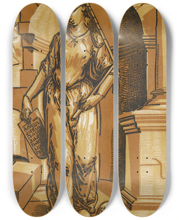 Triptych art skateboard deck of Tobias Stimmer Synagoge by Tobias Stimmer (1539-1584)