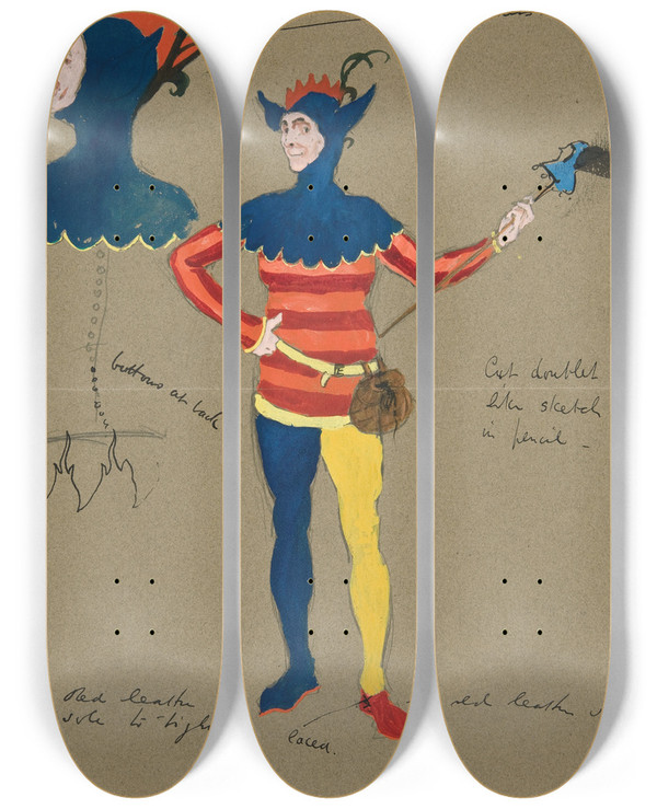 Triptych art skateboard deck of Edwin Austin Abbey Jester Costume Sketch For Henry Irvings Planned Production Of King Richard Ii by Edwin Austin Abbey (1852-1911)