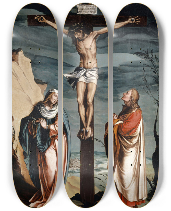 Triptych art skateboard deck of Jacob Clauser Workshop Christ On The Cross Between The Virgin And Saint John by Jacob Clauser Workshop (1520-1578)
