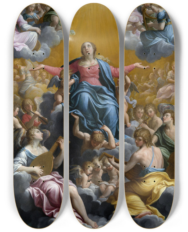 Triptych art skateboard deck of Guido Reni Assumption Of The Virgin by Guido Reni (1575-1642)
