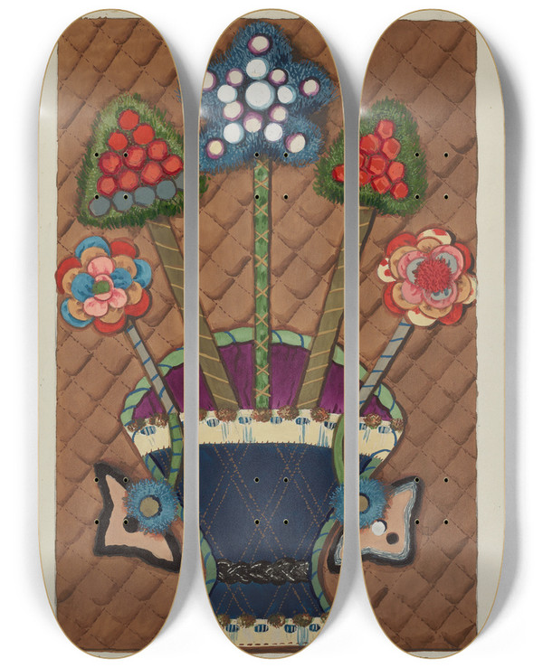 Triptych art skateboard deck of Ruth M Barnes Coverlet Applique Quilt_3 by Ruth M Barnes
