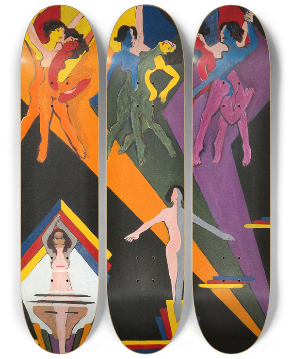 Triptych art skateboard deck of Ernst Ludwig Kirchner Dancing Girls In Colourful Rays by Ernst Ludwig Kirchner (1880-1938)