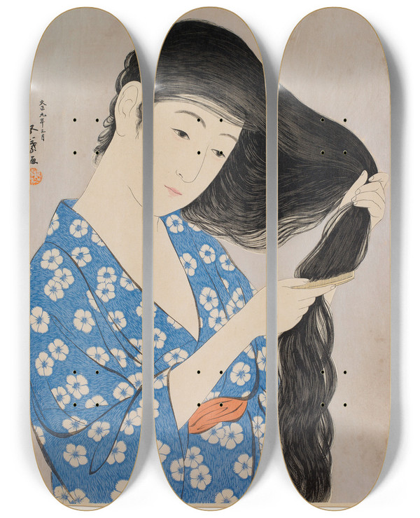 Triptych art skateboard deck of Hashiguchi Goy Woman Combing Her Hair by Hashiguchi Goyo (1881-1921)