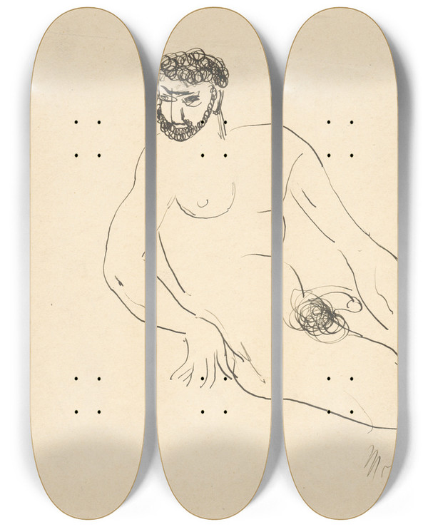 Triptych art skateboard deck of Cyprin Majernk Seated Man by Cyprian Majernik (1909-1945)