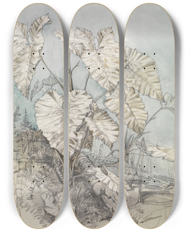 Triptych art skateboard deck of Ferdinand Keller Blattgewchs Im Urwald by Ferdinand Keller (1842-1922)