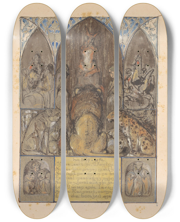 Triptych art skateboard deck of Bernard Willem Wierink Reinaert Spreekt Tot Koning Nobel En De Verzamelde Dieren by Bernard Willem Wierink (1856-1939)