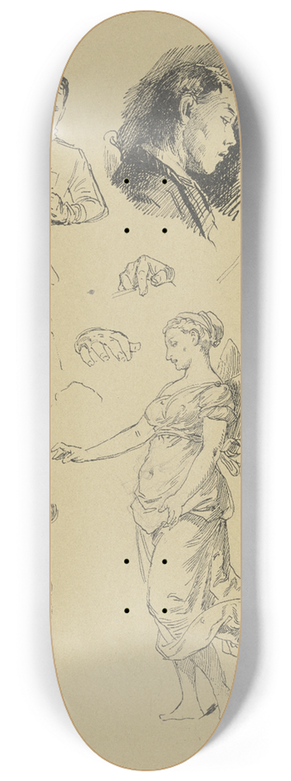 Eugen Klimsch - Studienblatt; Kpfe, Hnde und ein Friedensengel 8.25 inch art skate deck