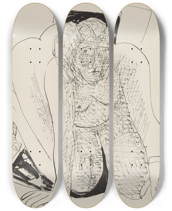 Triptych art skateboard deck of Max Beckmann Crawling Woman by Max Beckmann (1884-1950)