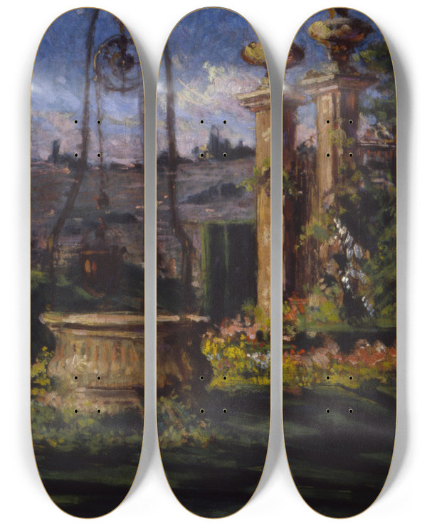 Triptych art skateboard deck of James Carroll Beckwith In The Gardens Of The Villa Palmieri by James Carroll Beckwith (1852-1917)