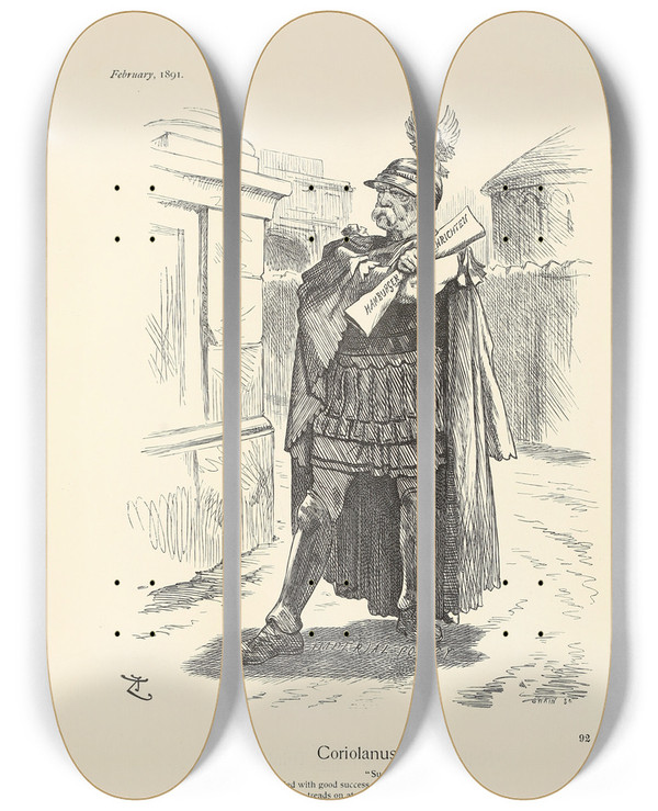 Triptych art skateboard deck of Sir John Tenniel Coriolanus by Sir John Tenniel (1820-1914)