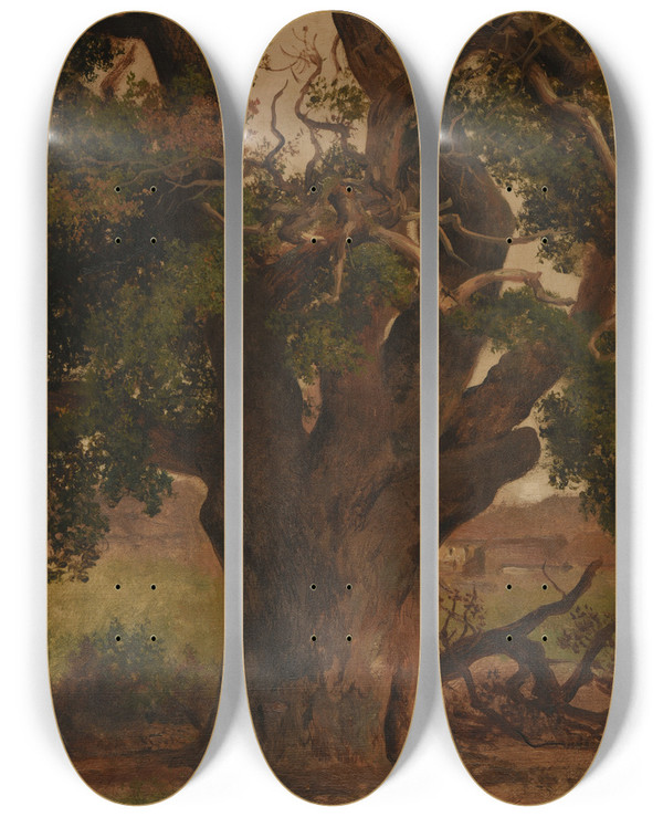 Triptych art skateboard deck of Jacquesraymond Brascassat Le Vieux Chne Tude by Jacques Raymond Brascassat (1804-1867)