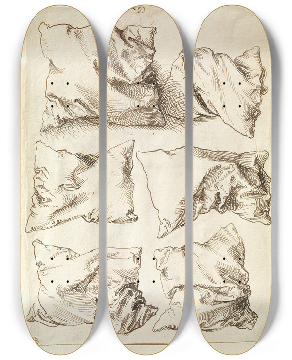 Triptych art skateboard deck of Albrecht Drer Six Studies Of Pillows by Albrecht Durer (1471-1528)