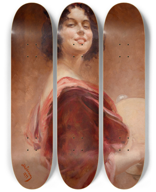 Triptych art skateboard deck of Alois Hans Schram Zigeunerin Mit Tambourin by Alois Hans Schram (1864-1919)