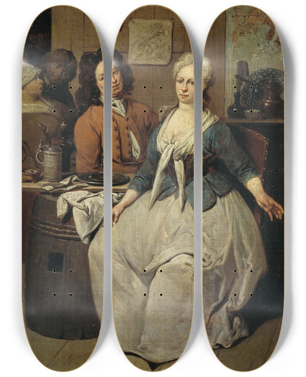 Triptych art skateboard deck of Jan Baptist Lambrechts Private Meal by Jan Baptist Lambrechts (1680-1731)