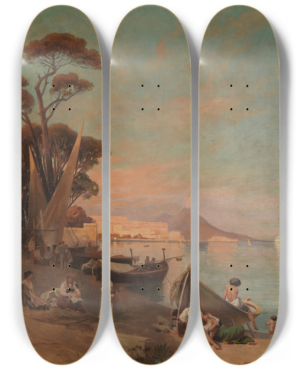 Triptych art skateboard deck of Arthur Fischer Sommertag Am Golf Von Neapel by Arthur Fischer (1872-1948)