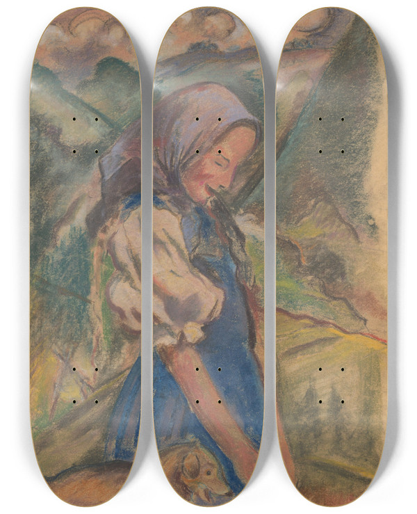 Triptych art skateboard deck of Arnold Peter Weiszkubnan Girl With A Dog In A Landscape by Arnold Peter Weisz-Kubnan (1898-1944)