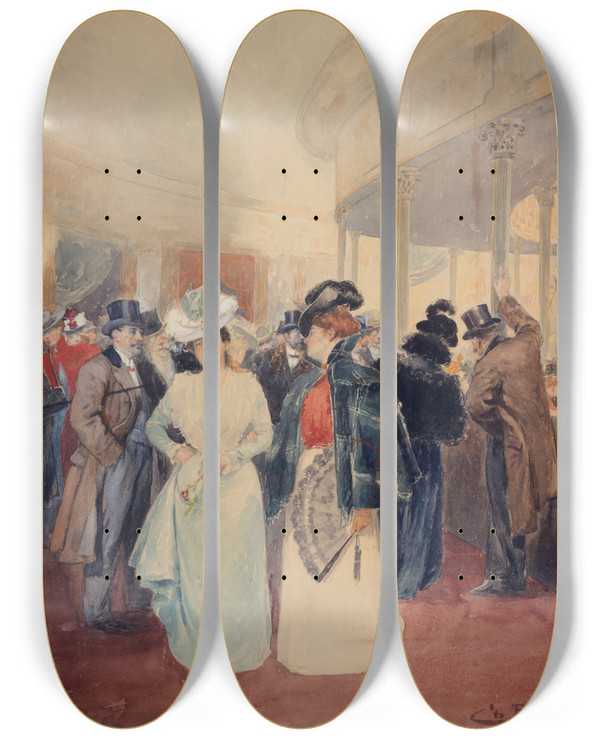 Triptych art skateboard deck of Charles Billon Le Promenoir Du Moulin Rouge by Charles Billon (19-)