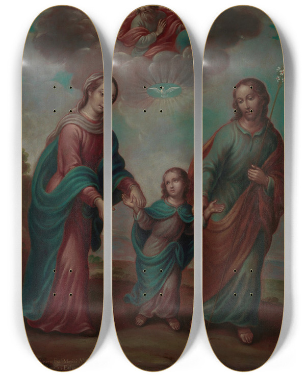 Triptych art skateboard deck of Nicols Enrquez The Return Of The Holy Family From Egypt by Nicolas Enriquez (1704-1795)