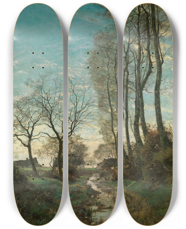 Triptych art skateboard deck of Hippolyte Boulenger Josaphat Valley At Schaarbeek by Hippolyte Boulenger (1837-1874)