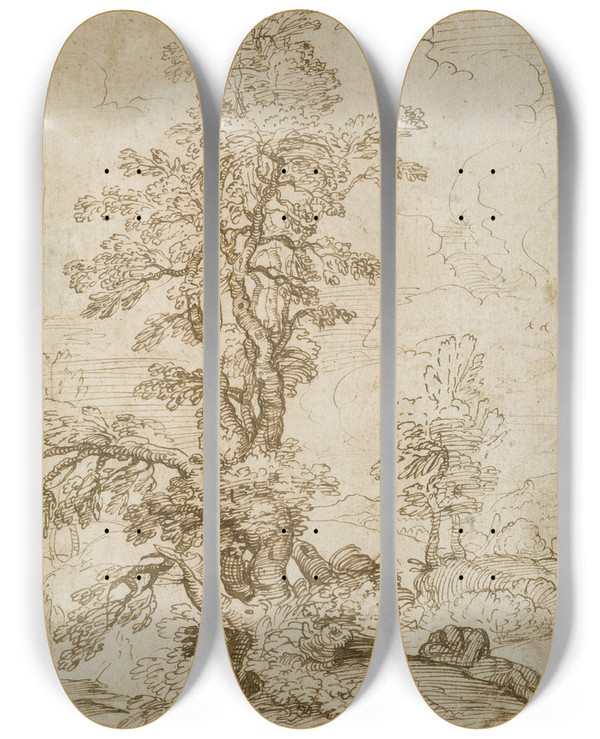 Triptych art skateboard deck of Annibale Carracci Landscape With Man Sleeping Beneath Tree by Annibale Carracci (1560-1609)