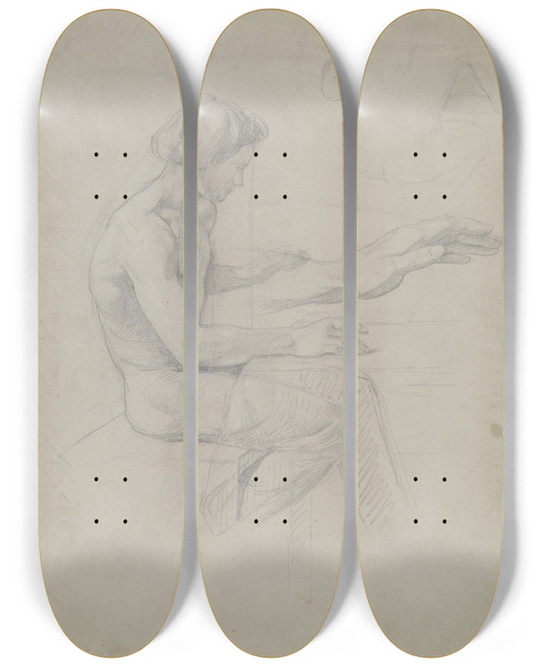 Triptych art skateboard deck of Adolph Tidemand Sittende Mann_1 by Adolph Tidemand (1814-1876)