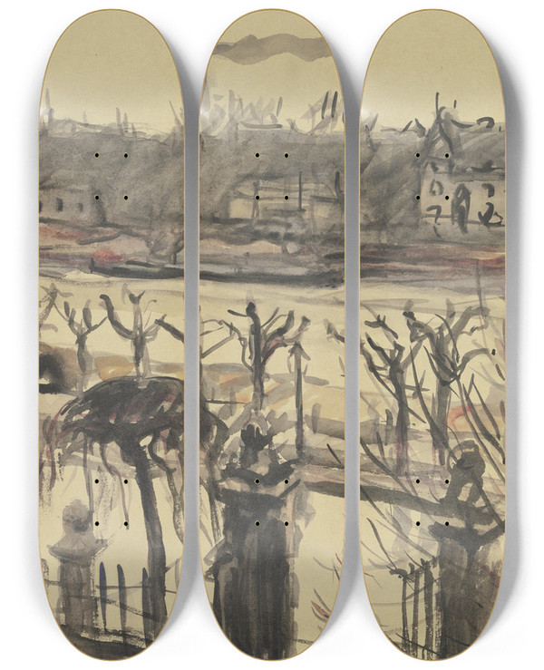 Triptych art skateboard deck of Jakob Nussbaum View Of The Main by Jakob Nussbaum (1873-1936)