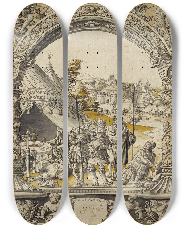 Triptych art skateboard deck of Christoph Bockstorffer Mucius Scaevola Thrusting His Right Hand Into The Flames Before Lars Porsenna by Christoph Bockstorffer (1480-1553)