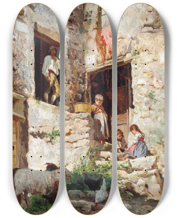 Triptych art skateboard deck of Aurelio Tiratelli Playing On The Steps Of An Italian Villa by Aurelio Tiratelli (1842-1900)