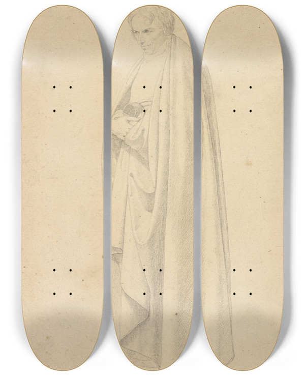 Triptych art skateboard deck of Friedrich Wilhelm Schadow Joseph Wintergerst In A Floorlength Coat Standing With His Hands Placed On Top Of One Another by Friedrich Wilhelm Schadow (1788-1862)