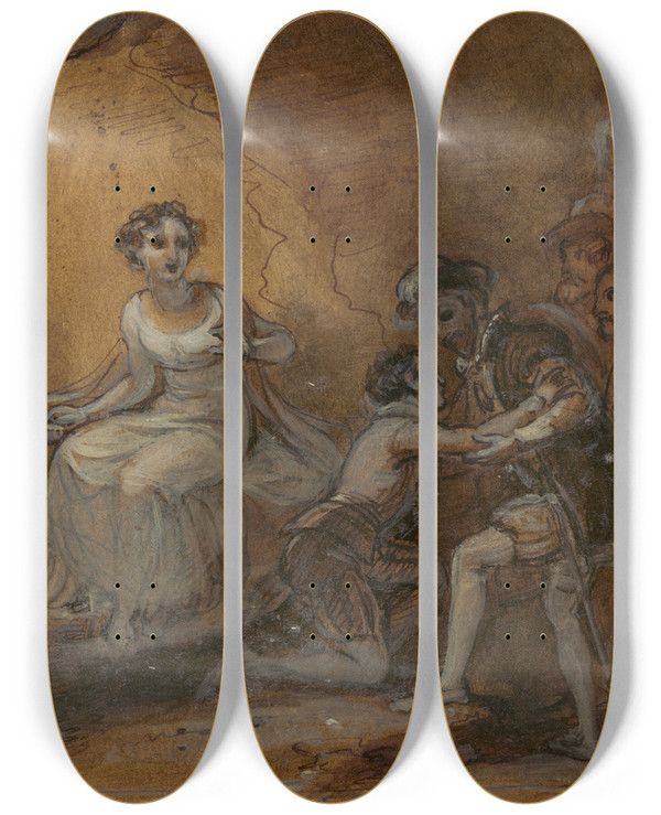 Triptych art skateboard deck of Robert Smirke Ferdinand Reunited With His Father by Robert Smirke (1752-1845)