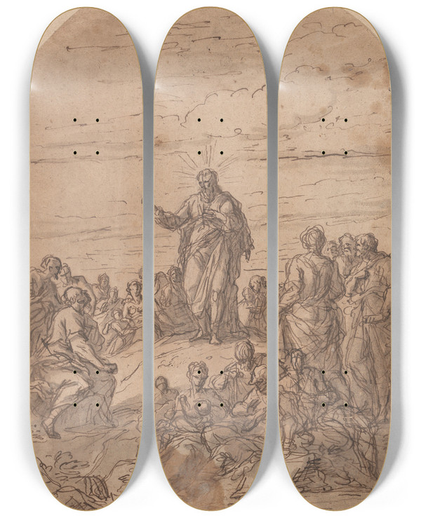 Triptych art skateboard deck of Sir James Thornhill The Sermon On The Mount by Sir James Thornhill (1675-1734)