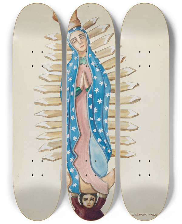 Triptych art skateboard deck of Majel G Claflin Guadalupe Wood Santo Or Bulto by Majel G Claflin (1893-1941)